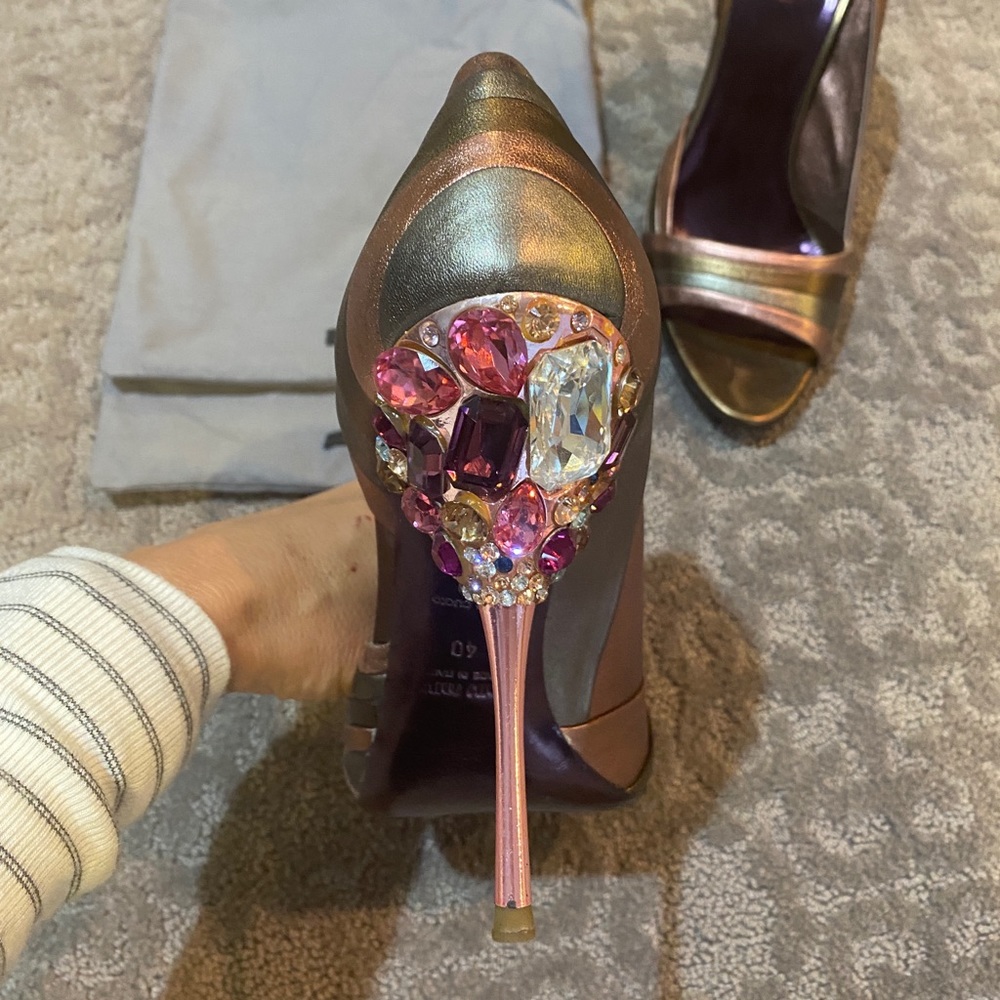Jeweled Miu Miu metallic heels.  Size 40.  4.5” heel.   Purple and grey w/ bags.